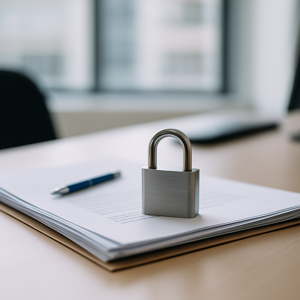 documentos bancarios en una oficina con un candado metálico simbolizando bloqueo de cuenta por falta de documentación