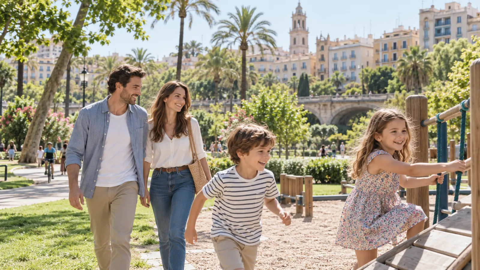 Familia con niños pasea por una zona verde de Valencia
